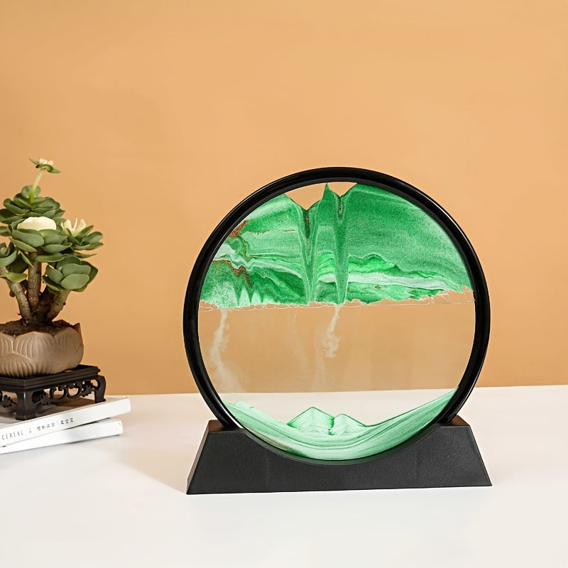 7-Inch Round Glass Frame with Moving Liquid Sand Deep Sea Landscape Decor