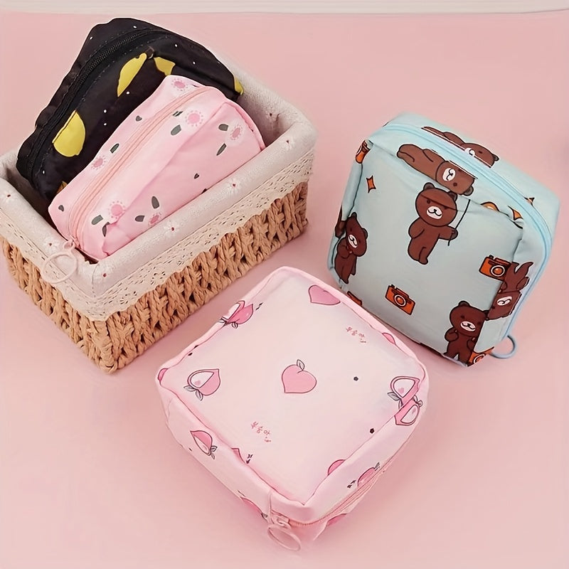 Women's Cartoon Printed Sanitary Napkin Organizer Bag with Zipper Multifunctional Travel Pouch