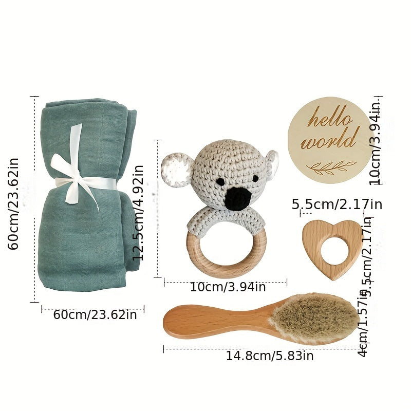 Baby Gift Set with Bamboo Towel Goat Hair Brush and Beechwood Koala Rattle