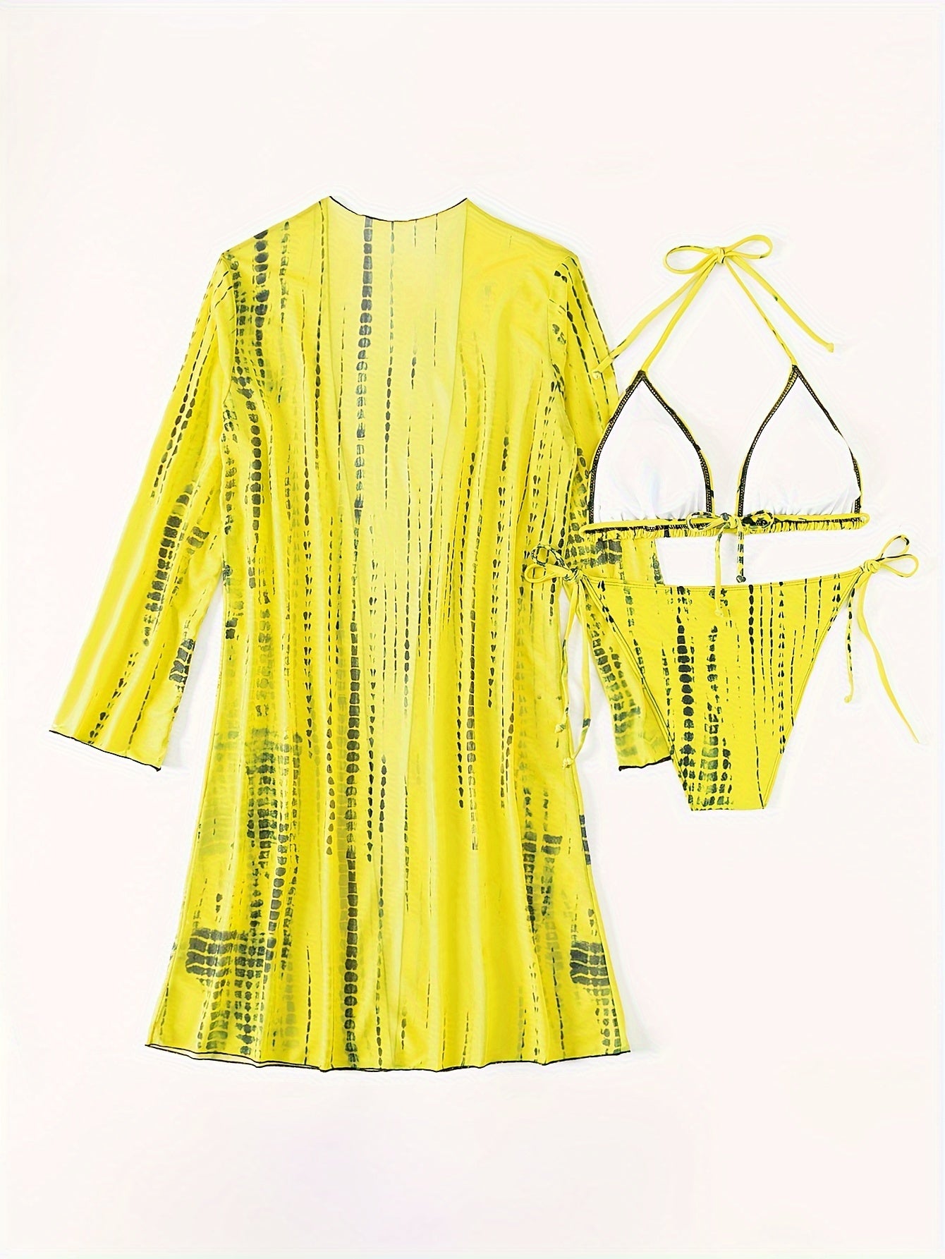 Women's 3-Piece Bikini Set with Sheer Mesh Shawl High-Waisted Swimsuit and Long Sleeve Cover-Up