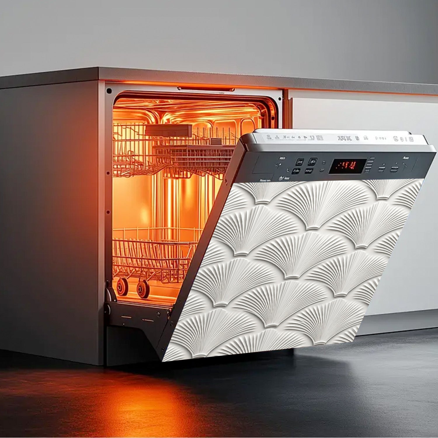 Oq scallop naqshli idish-tovoq magnit qopqog'i, suv o'tkazmaydigan, issiqlikka chidamli PVC 58.5x65 sm