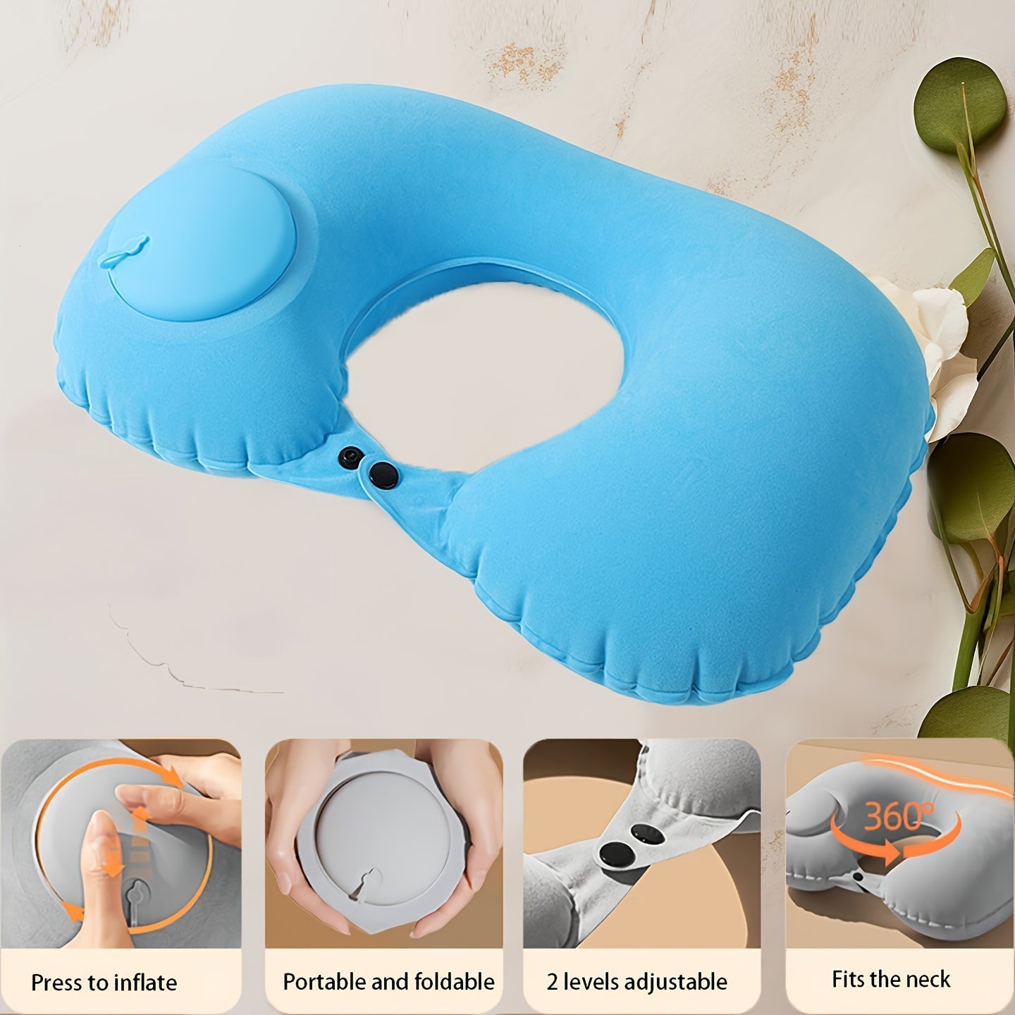 Grey Travel Inflatable U-Shaped Neck Pillow with Adjustable Air Pressure for Travel and Car