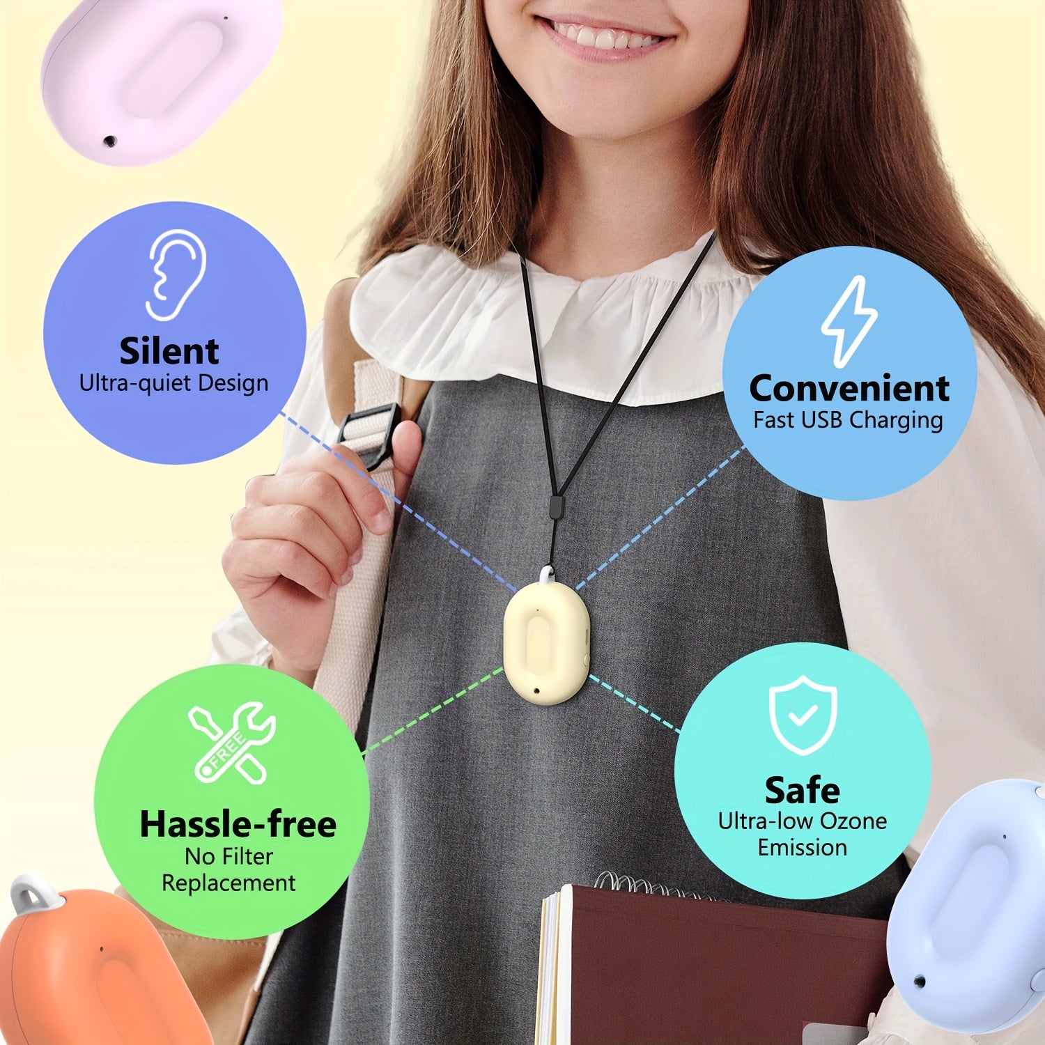 Air Purifier Necklace Portable Ionizer for Indoor Outdoor Car Use USB Rechargeable