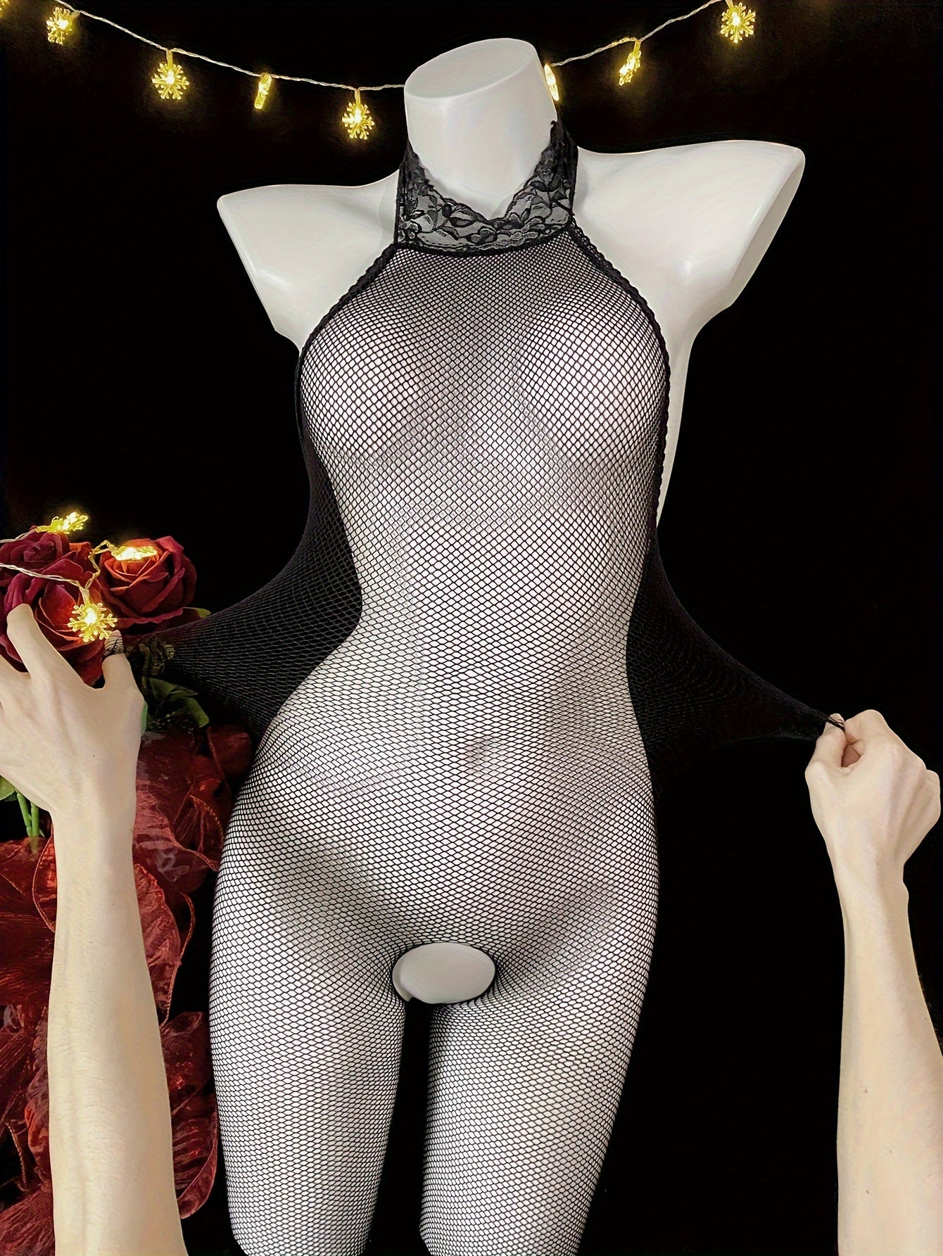 Houndstooth Mesh Bodysuit with Black Lace Halterneck Backless Sheer Fabric