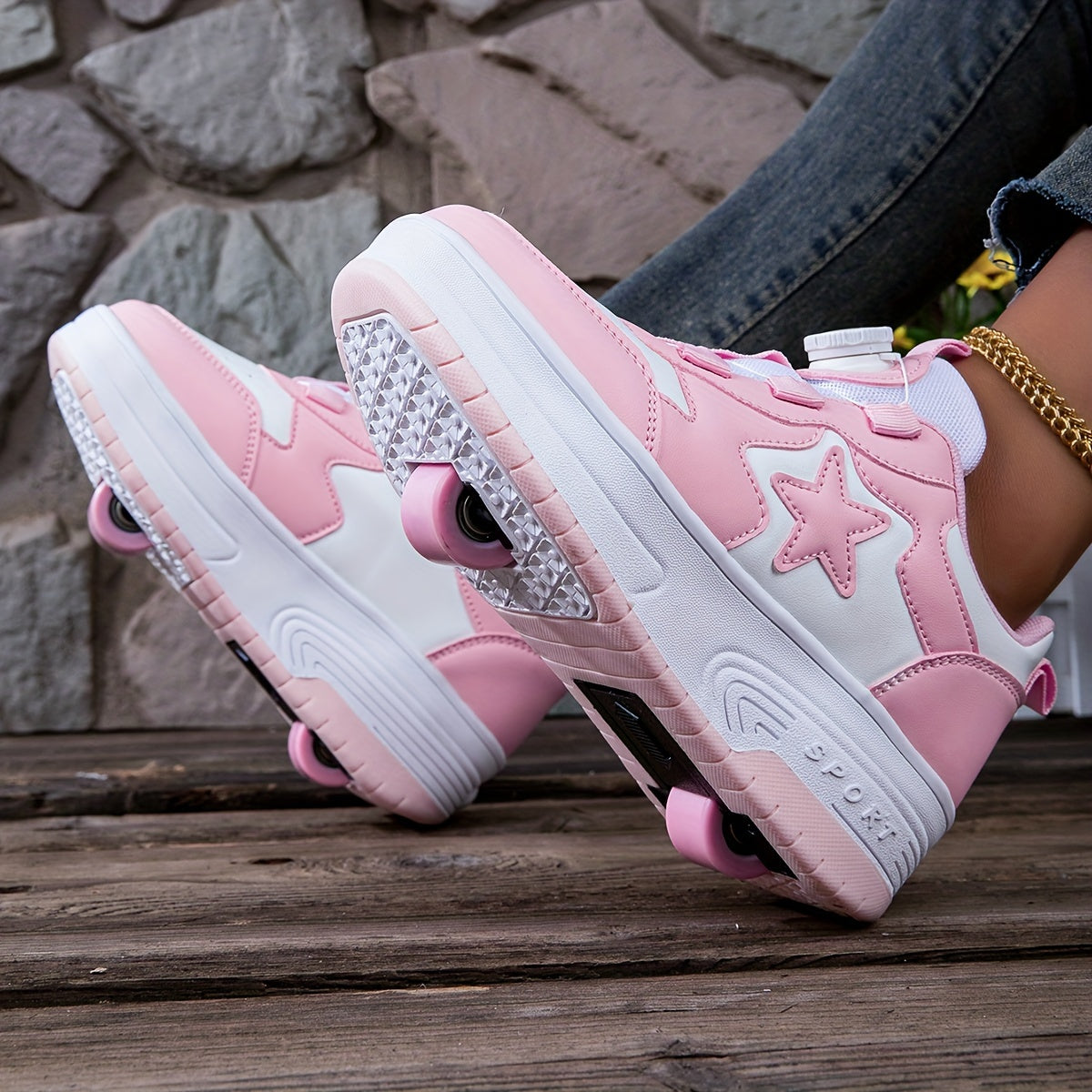 Девочки Розовые Белые Роликовые Кроссовки на Колёсиках с Удаляемыми Колёсами и Дизайном в виде Сердца для Спортивных Тренировок