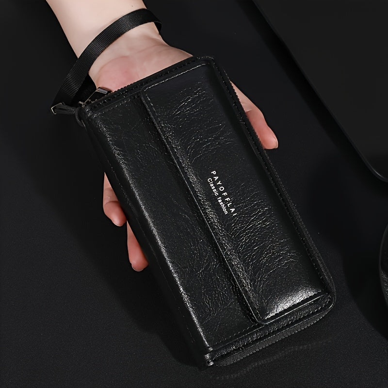 Erkaklar uchun sun'iy charm hamyon, zipli tangalar cho'ntagi, tugma yopilishi, karta ushlagichi va bir nechta joylar bilan.