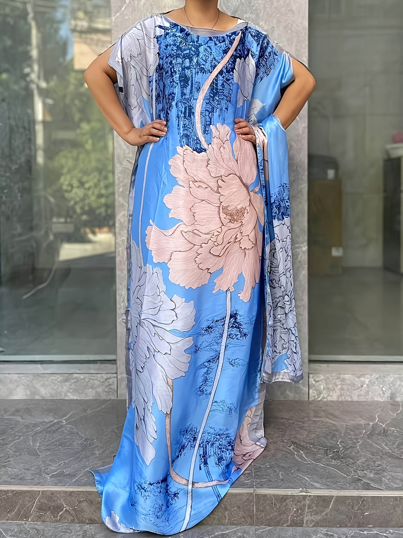 Plus Size Floral Dress Longline Short Sleeve Crew Neck Spring Summer