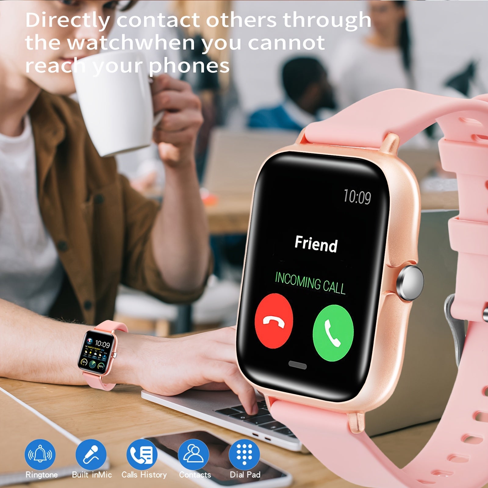 Smart Watch for Men and Women 4.34cm Metal Body Fitness Tracking Calls Music Control Compatible with iPhone Android