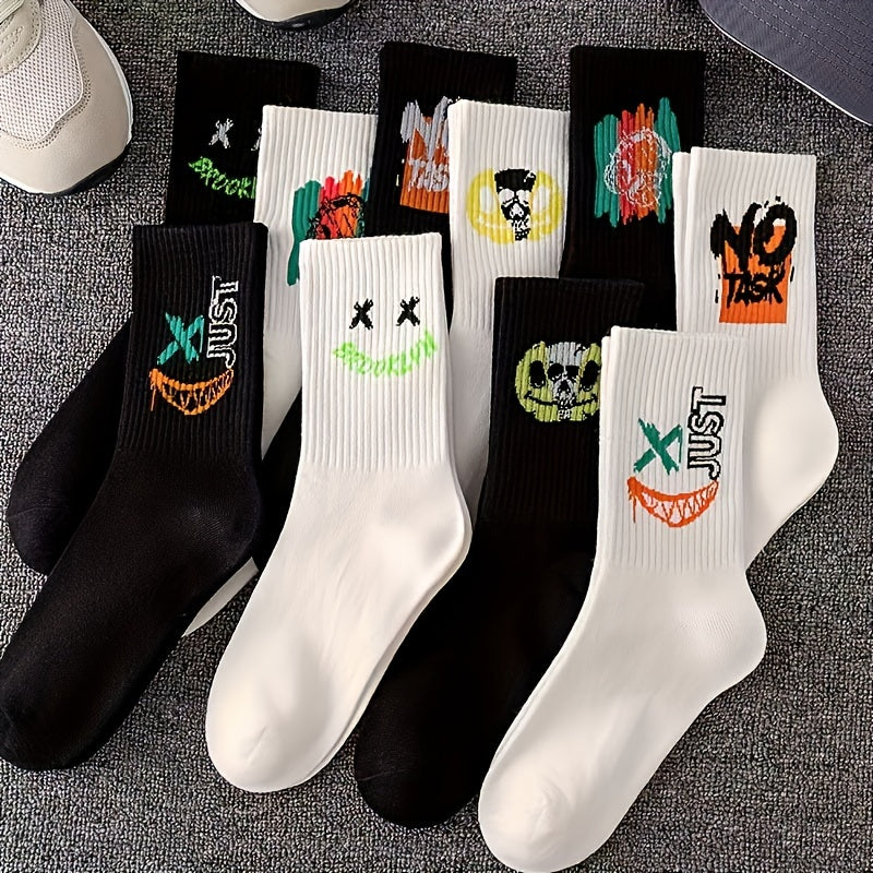 Set of 5 Black and White Graffiti Mid-Calf Sports Socks for Men and Women