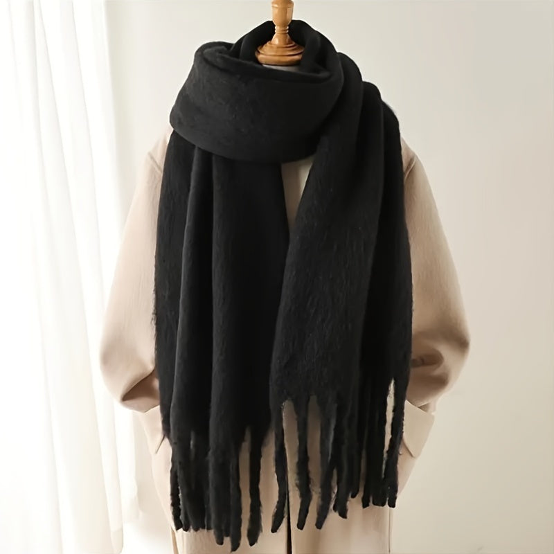 Women's Polyester Scarf Winter Warm Windproof Solid Color Fringe