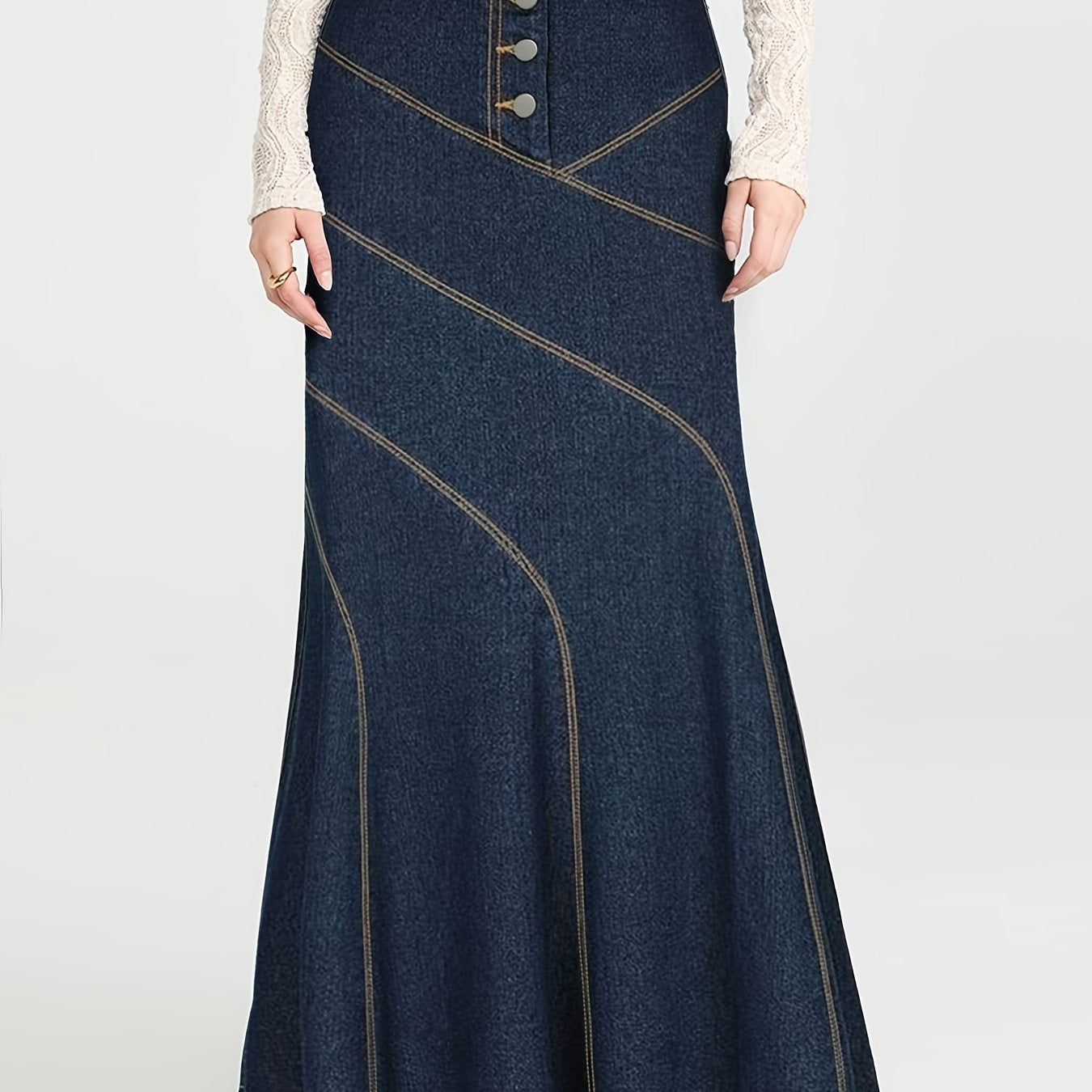 Plus Size Dark Blue Denim Midi Skirt with Button Front and High Waist