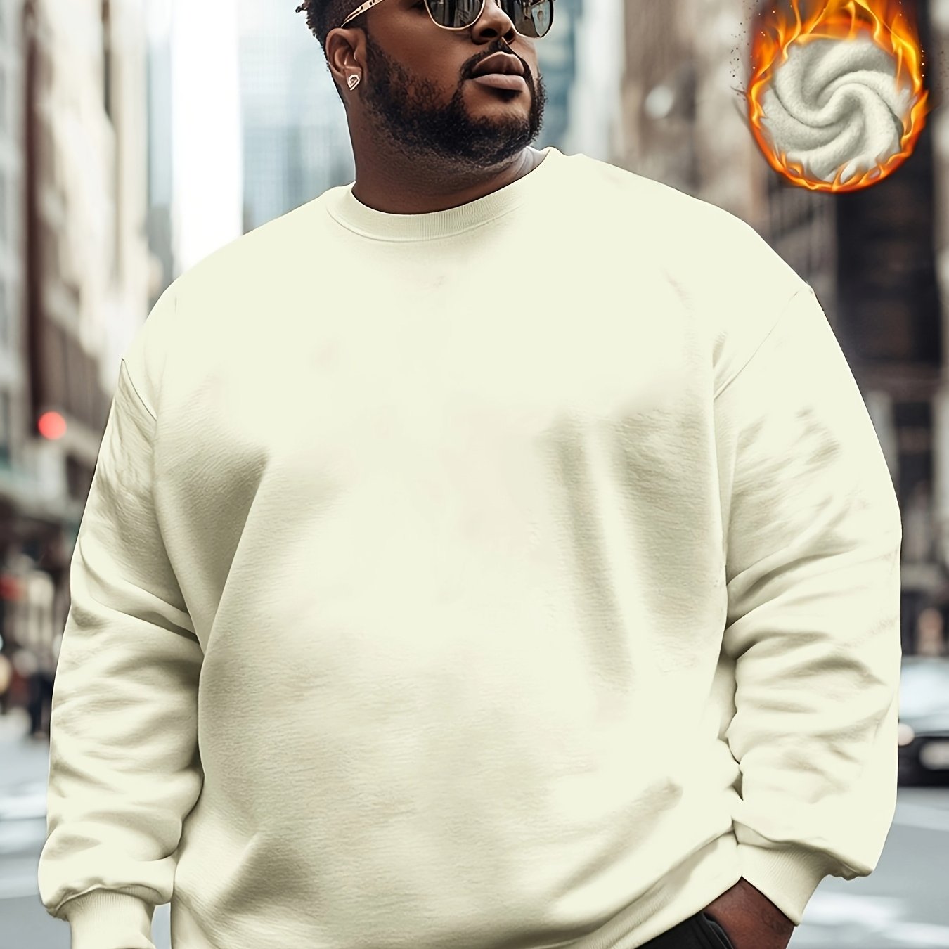 Sudadera de cuello redondo con forro de felpa para hombre talla grande con capucha, color sólido, tela elástica