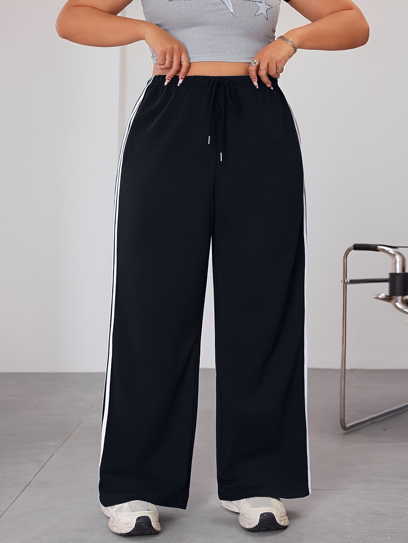 Pantalones anchos de talla grande con rayas laterales, joggers casuales, elásticos, para todas las estaciones