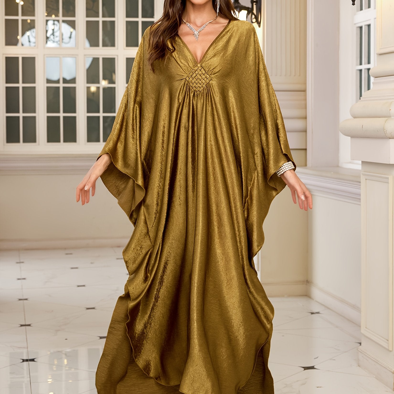 Olive Green V-Neck Bat Sleeve Kaftan Dress for Women Beach Cover-Up Casual Outerwear