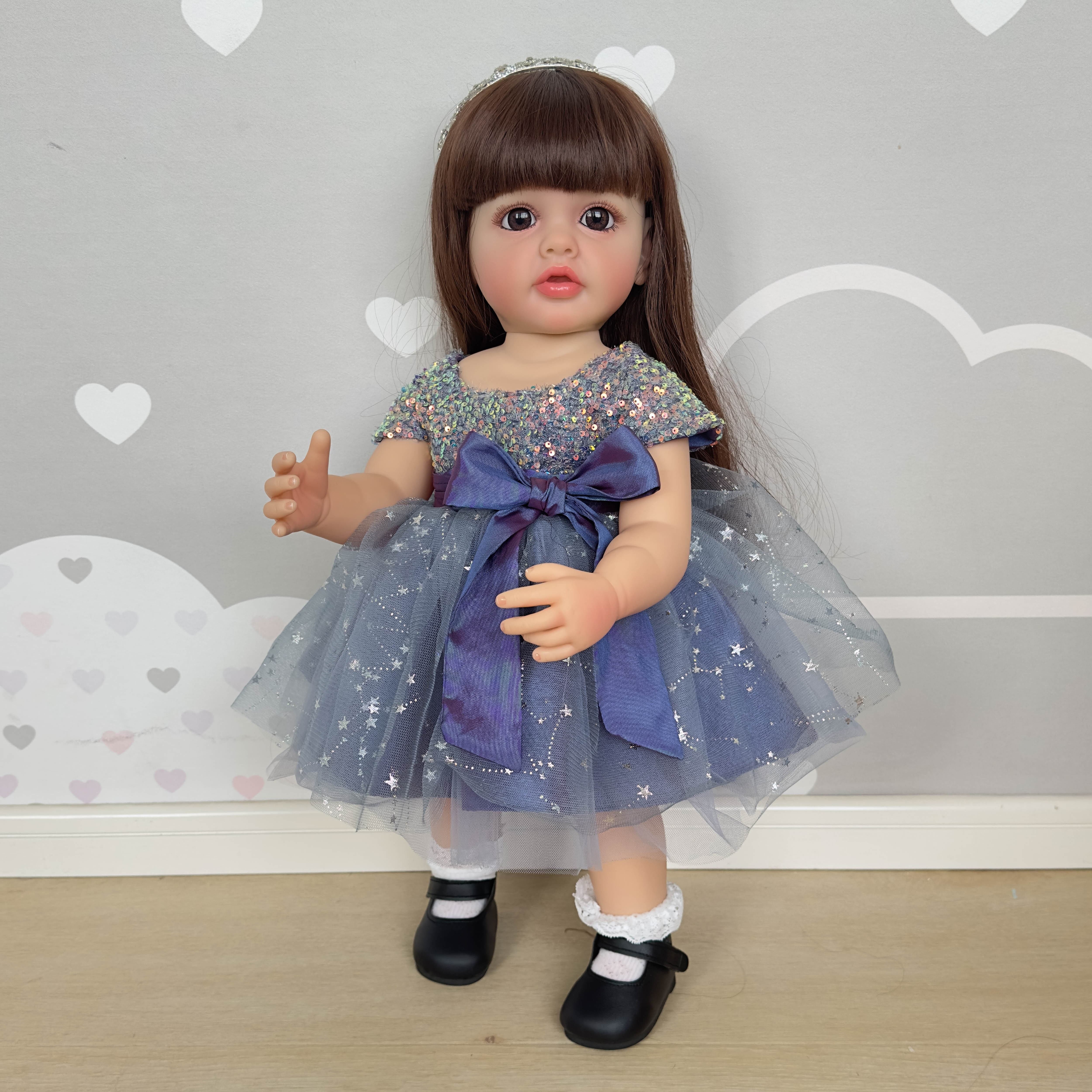 55cm Vinyl Doll with Long Hair Princess Skirt Water-Resistant Wall-Standing Toy for Children