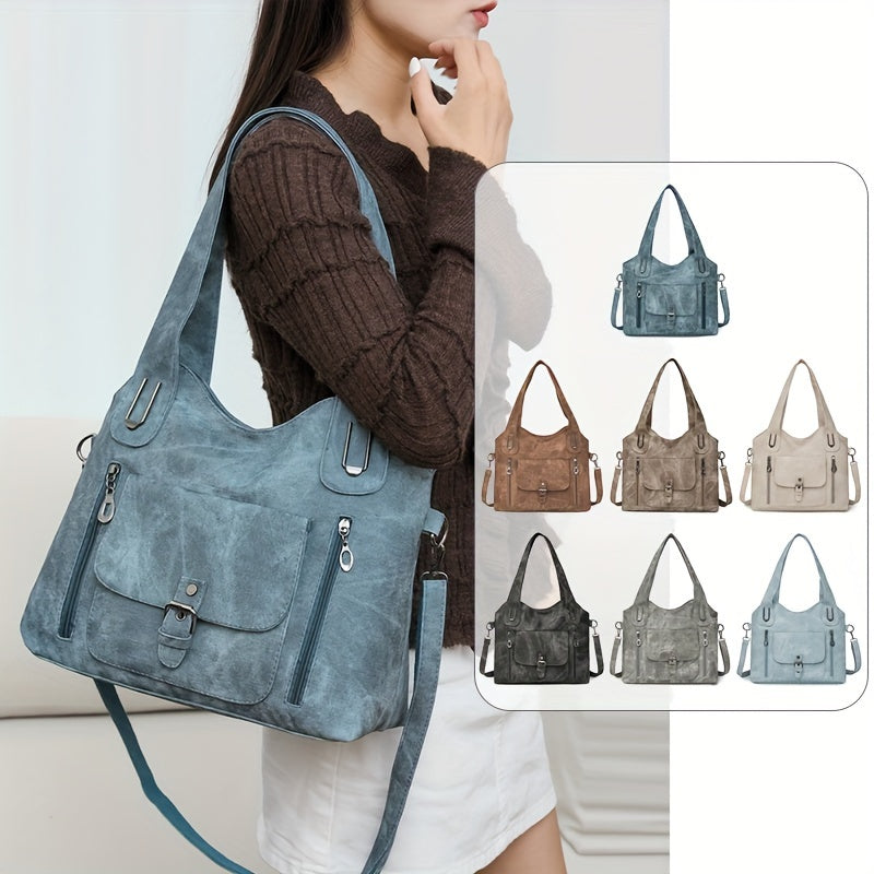 Retro Women's Shoulder Tote Bag Faux Leather Light Blue Blue Black Adjustable Zipper Pockets