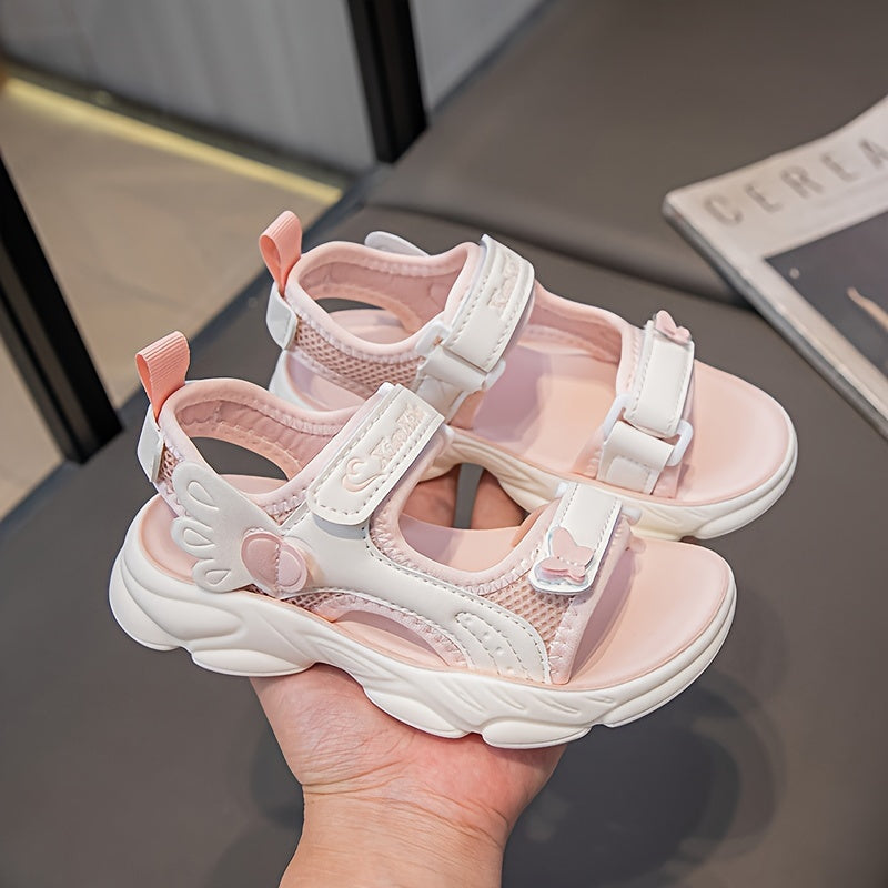 Girls Summer Sandals Lightweight Non-Slip Pink White Heart Wing Design Breathable Mesh