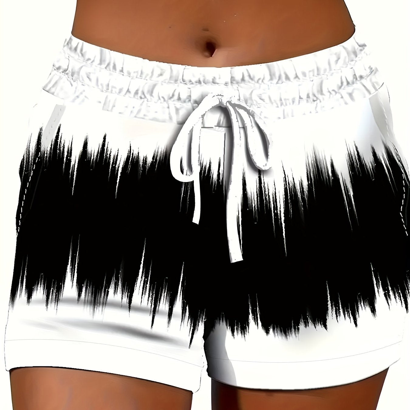 Plus Size Women's Summer Casual Shorts Black White Abstract Print Elastic Waist