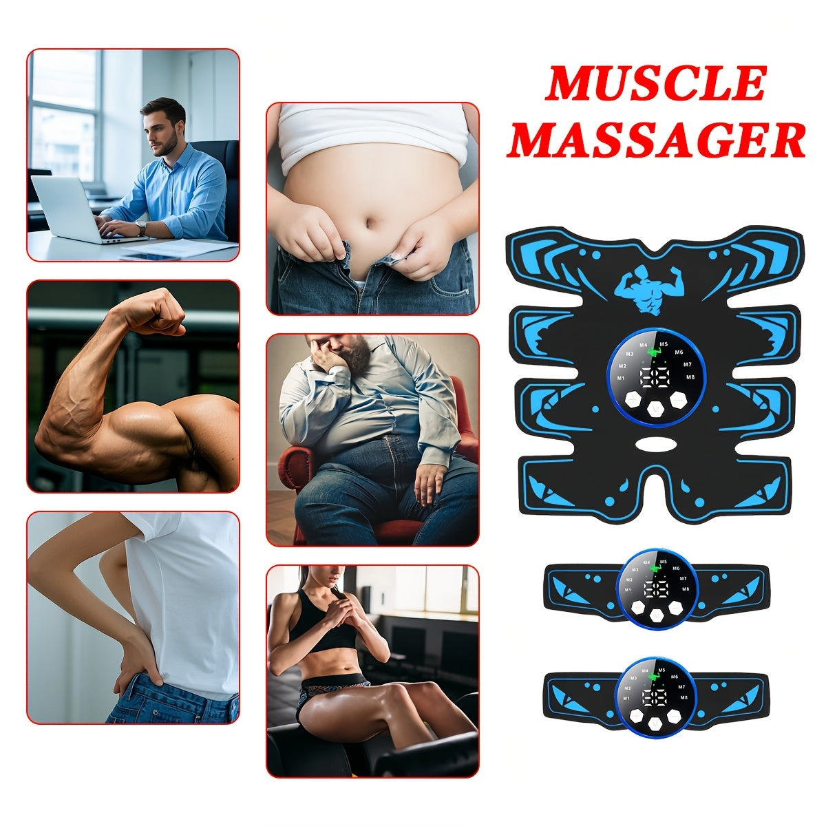 Three-Piece USB Rechargeable Massage Belt Set with 8 Modes and 29 Intensity Levels for Full Body Muscle Relaxation