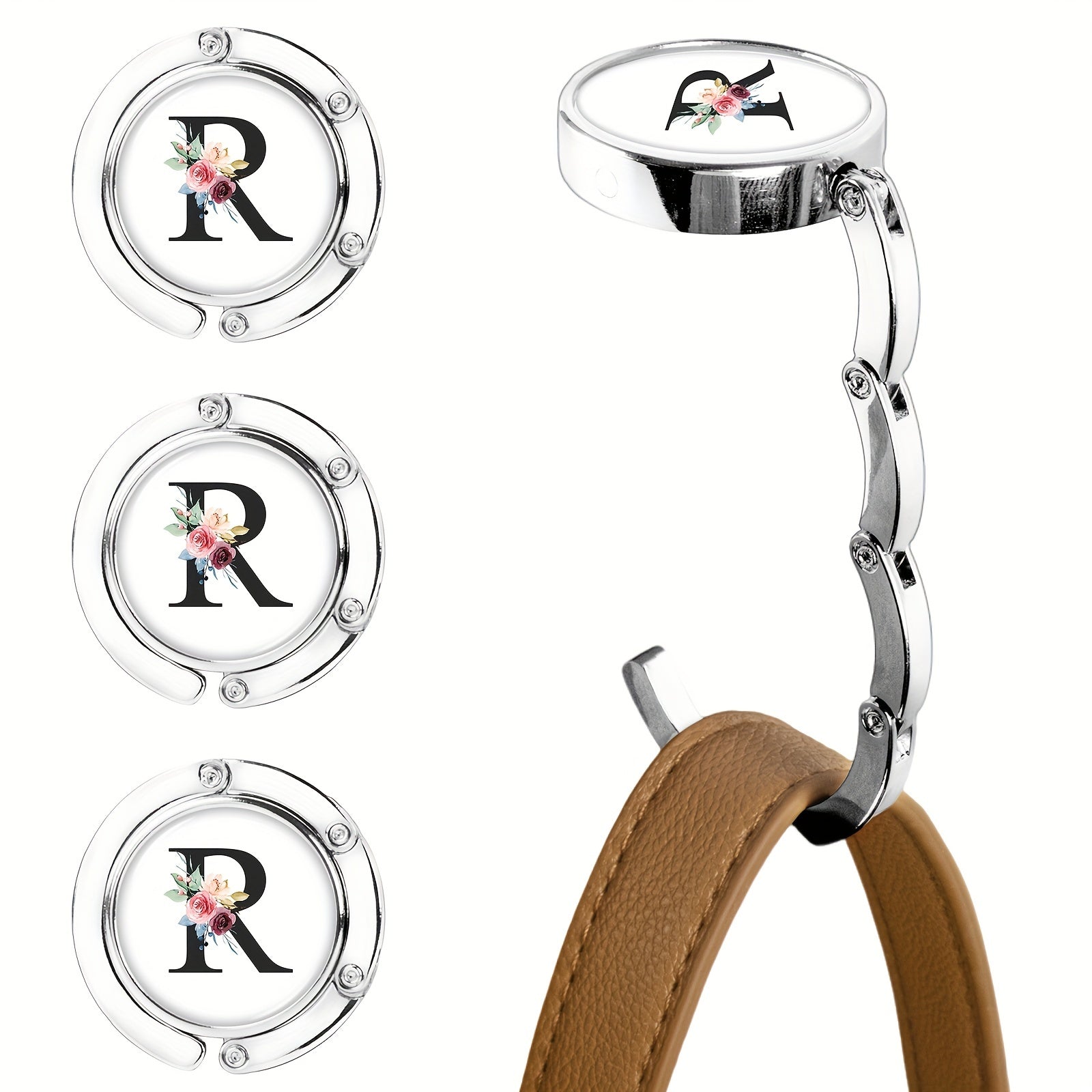 Набор из 3-х складных крючков для кошельков с цветочным дизайном букв, изготовленных из металла для подвешивания сумок на столах. Стильная подставка для сумок и органайзер для стола для женщин.