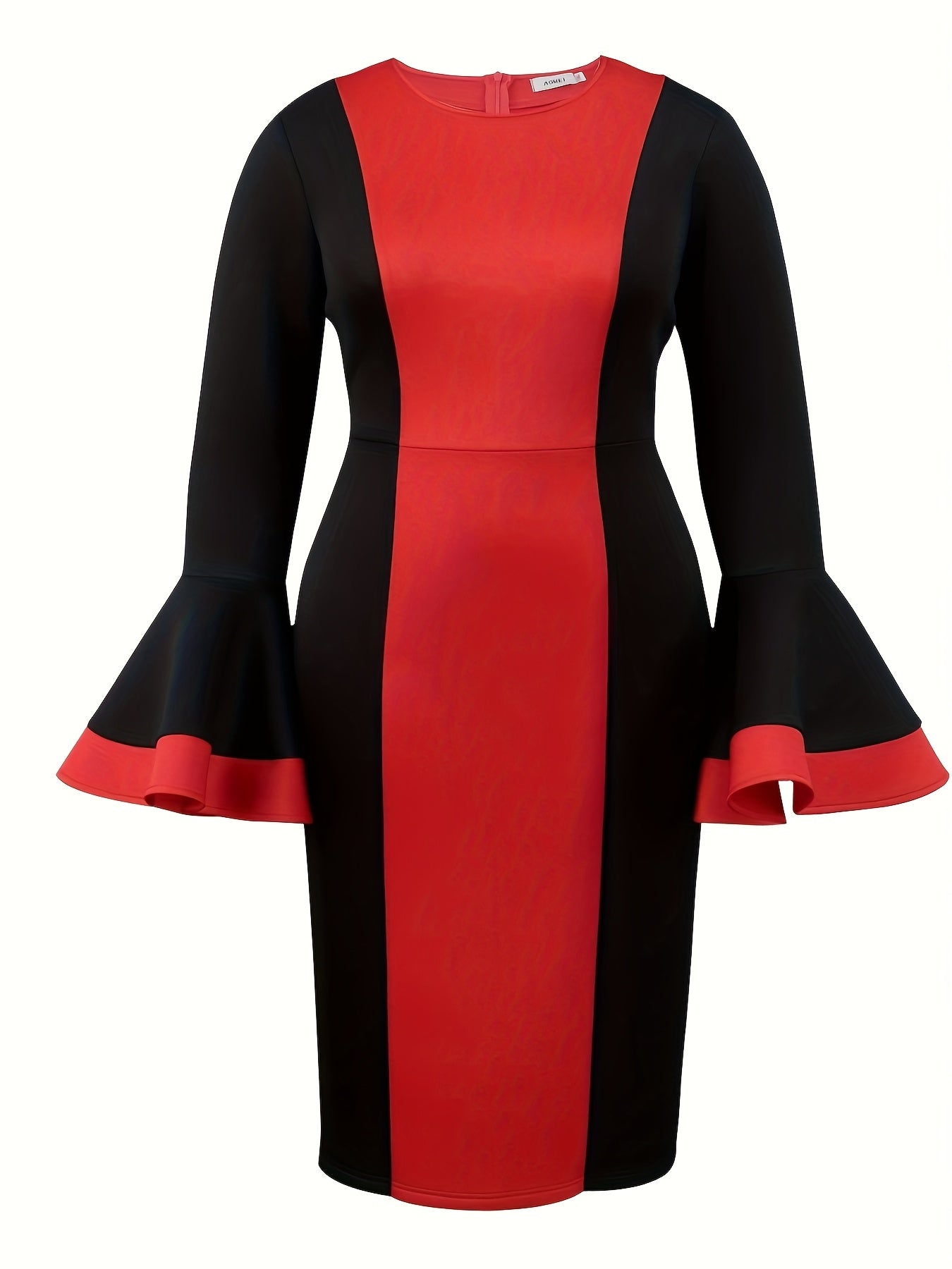 Women's Color Block Midi Dress with Flared Sleeves and High Slit