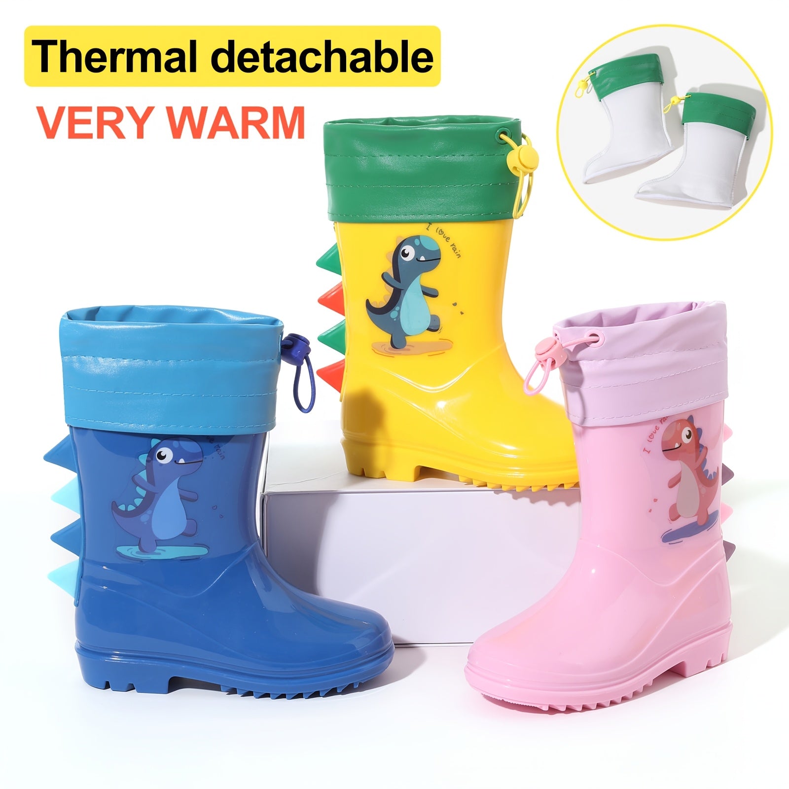 Kids Dinosaur Rain Boots Waterproof Non-Slip Thermal Detachable All-Season