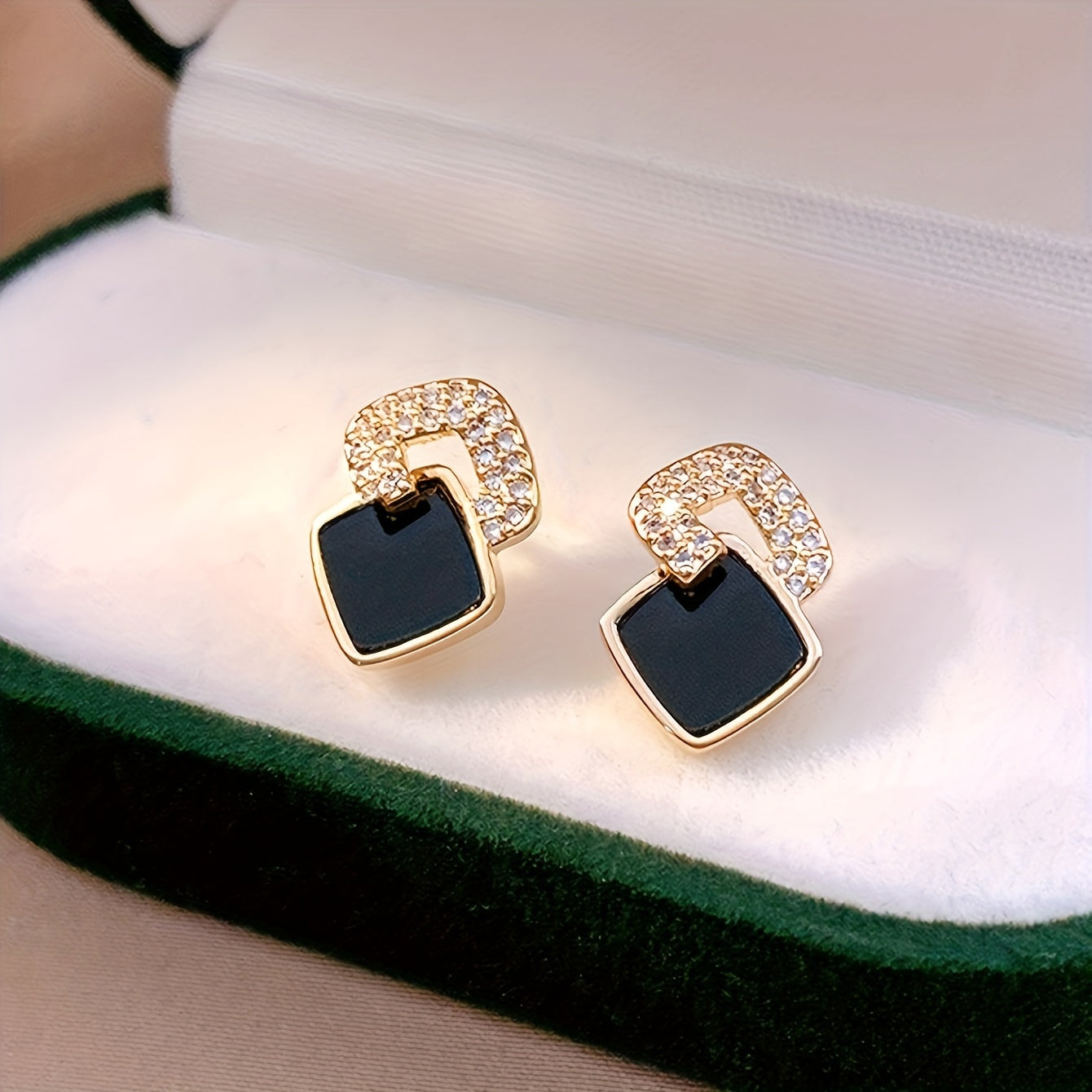 Women Black Square Stud Earrings Micro Pave Zinc Alloy Glass Accents