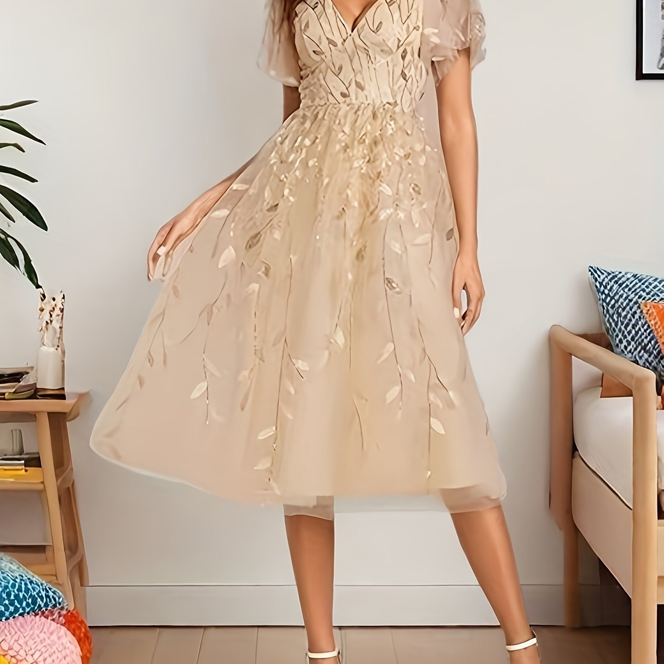 Vestido de talla grande con escote en V, mangas cortas y falda de tul, azul claro para eventos formales