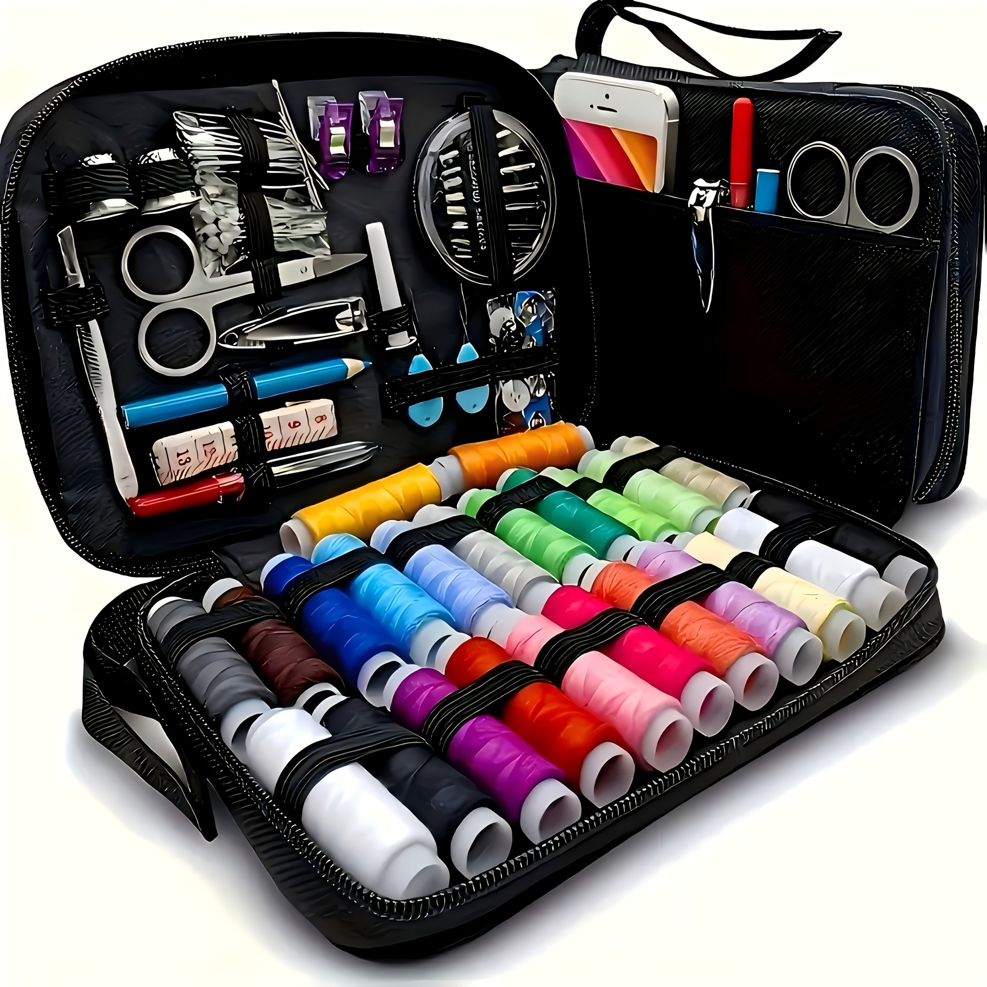 Чёрный джинсовый дорожный швейный набор с иглами, ножницами и аксессуарами