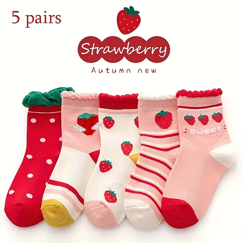 Children's Socks 5 Pairs Breathable Strawberry Style Knit Fabric Multicolor