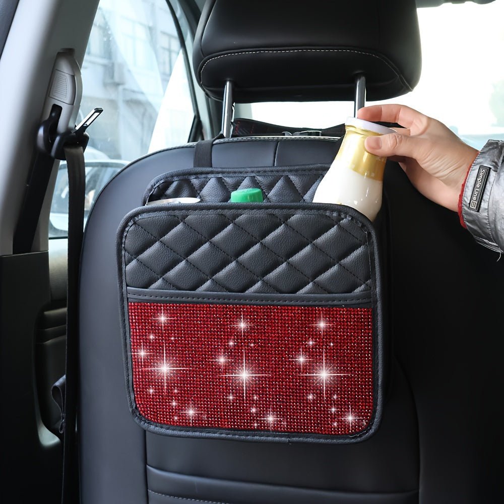 Organizador trasero para asiento de coche, bolsa de almacenamiento de cuero PU brillante para vehículos, negro