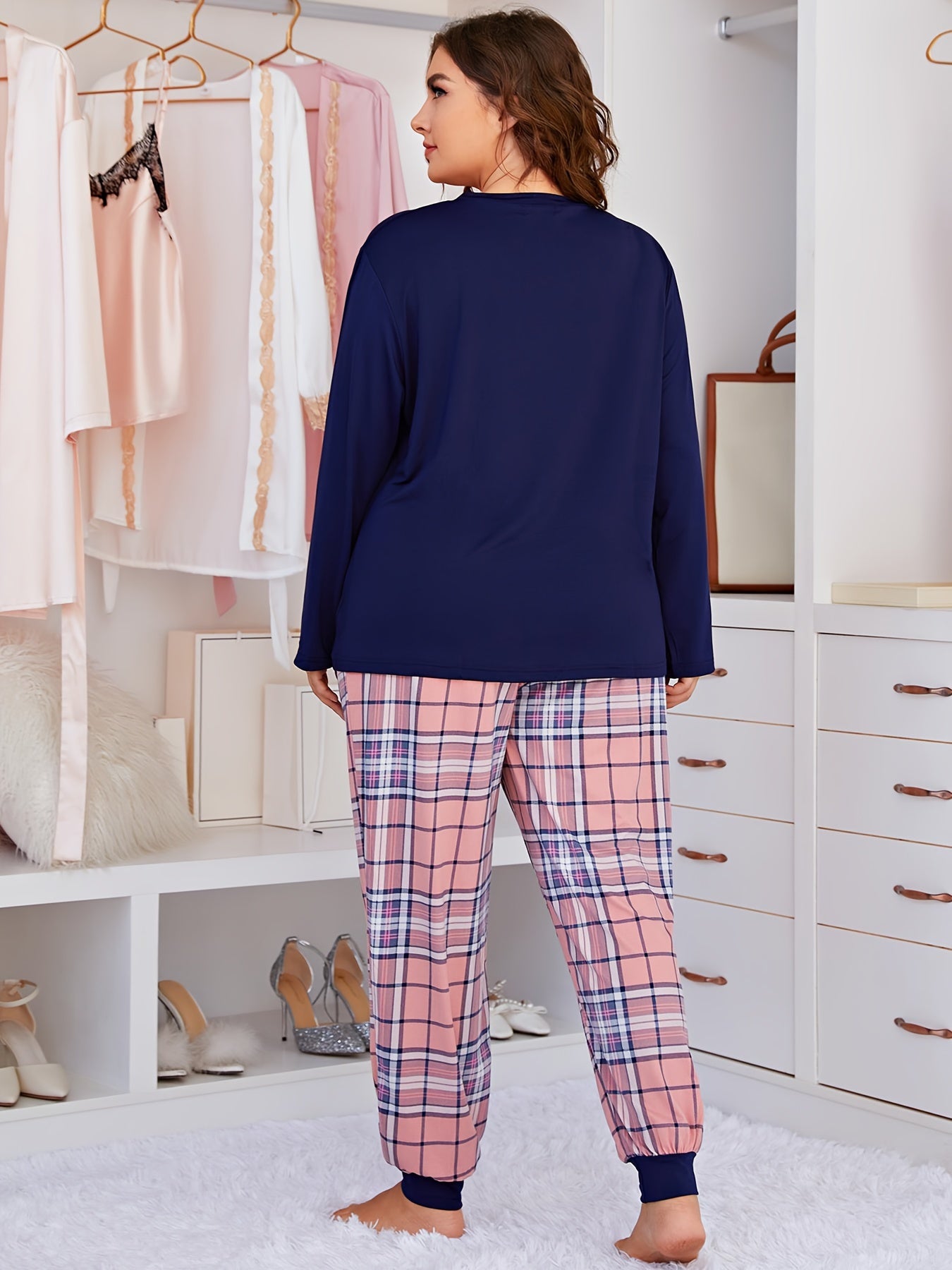 Women's Large Size Pajamas Set with Love Print Long Sleeve Pants