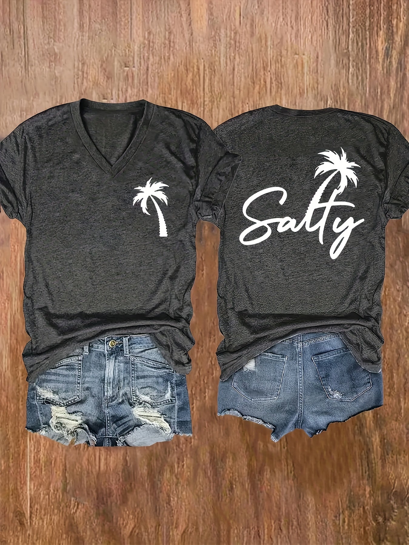 Women's V-Neck Cotton Short Sleeve T-Shirt Black Summer Beachwear