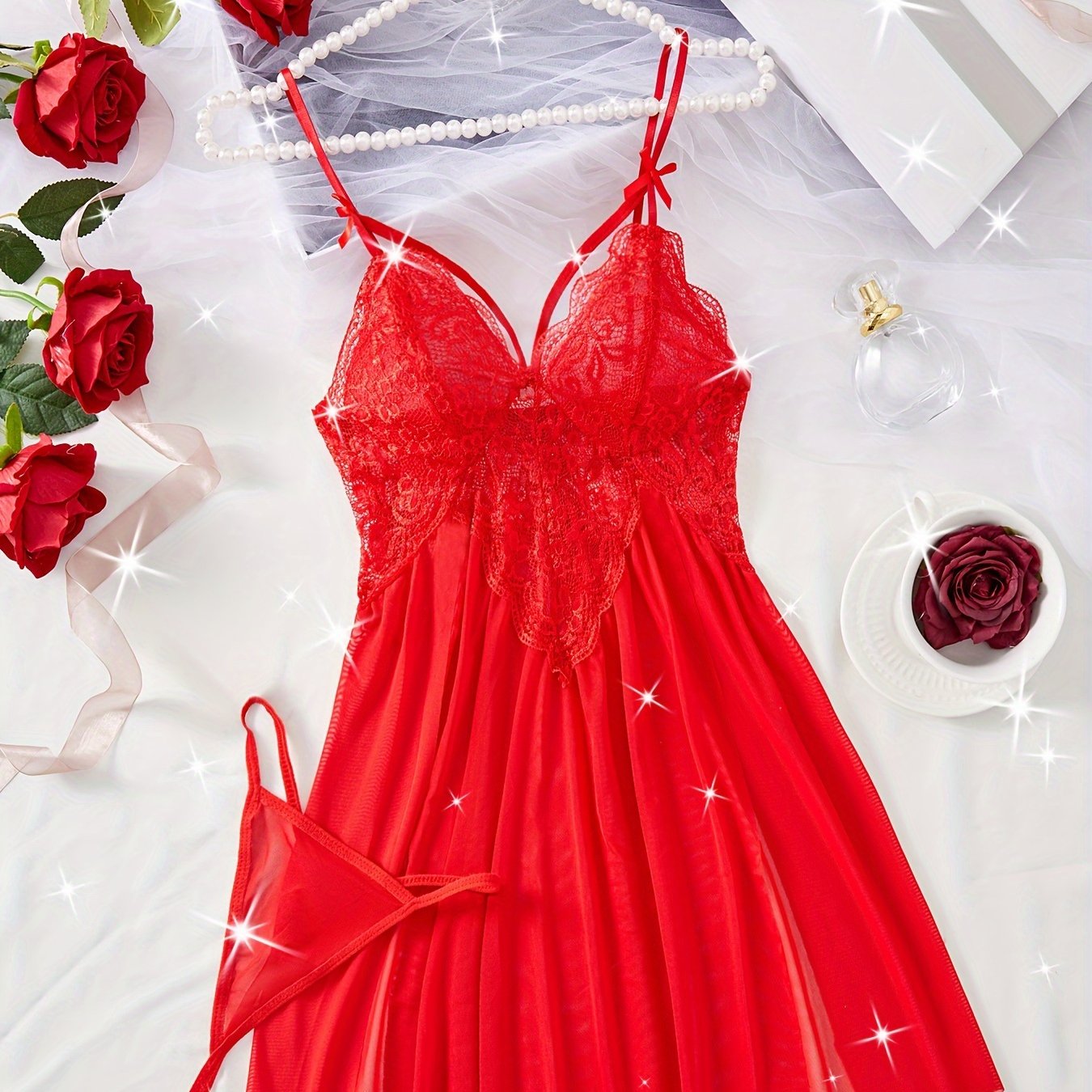 Women’s Nightgown with Lace Detail and Knit Fabric Solid Color Sleepwear