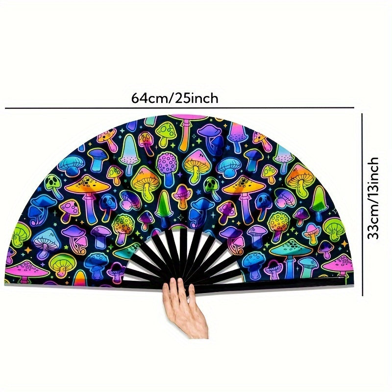 Neon Mushroom UV Glow Rave Folding Hand Fan Large 13-Inch Bamboo for Parties