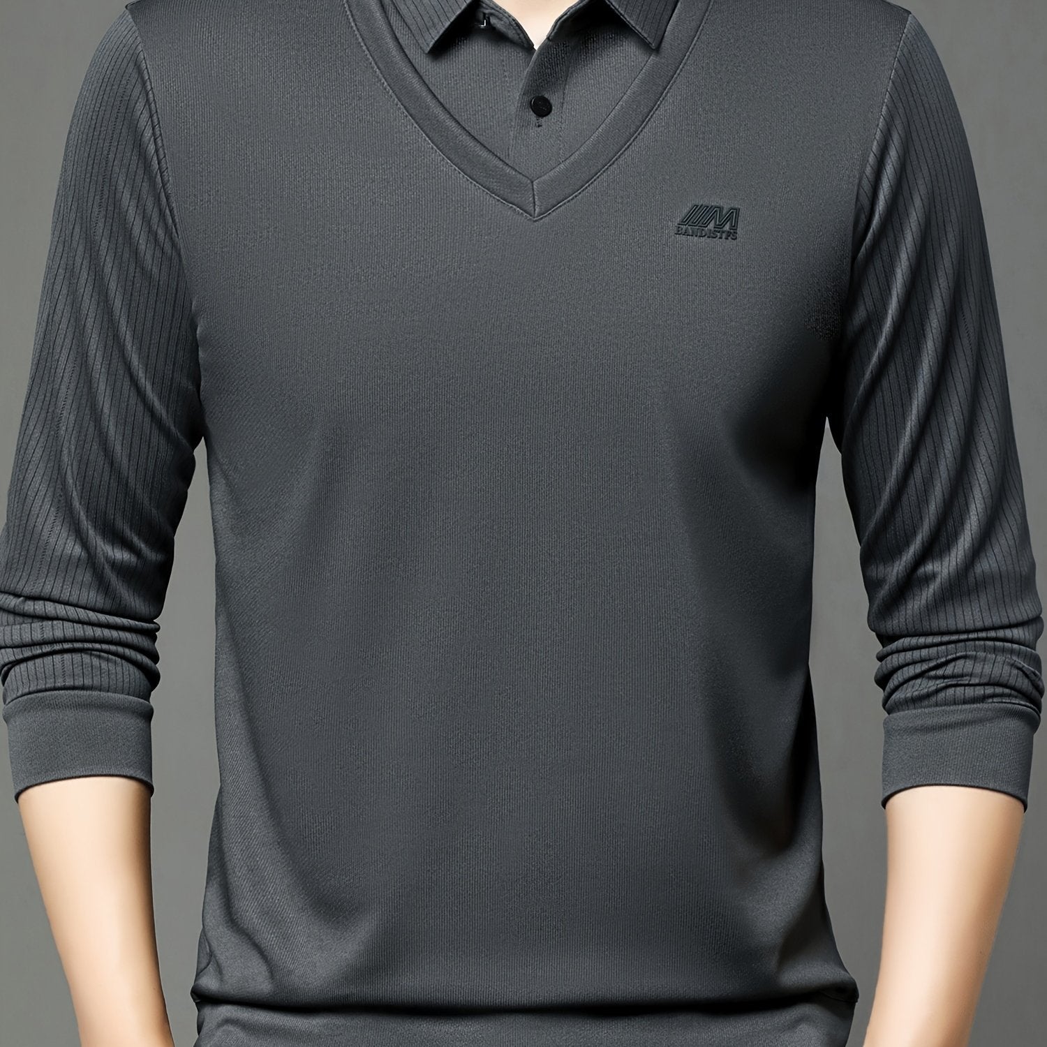 Chiziqli Erkaklar Golf Ko'ylagi, Soxta Ikki Qismli Dizayn, Bahor va Kuz Tashqi Kiymish uchun Uzun Qoltiq Ko'ylak