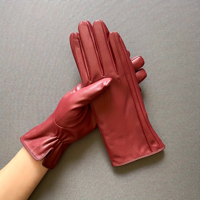 Women's Winter Gloves Windproof Leather with Plush Lining for Outdoor Driving