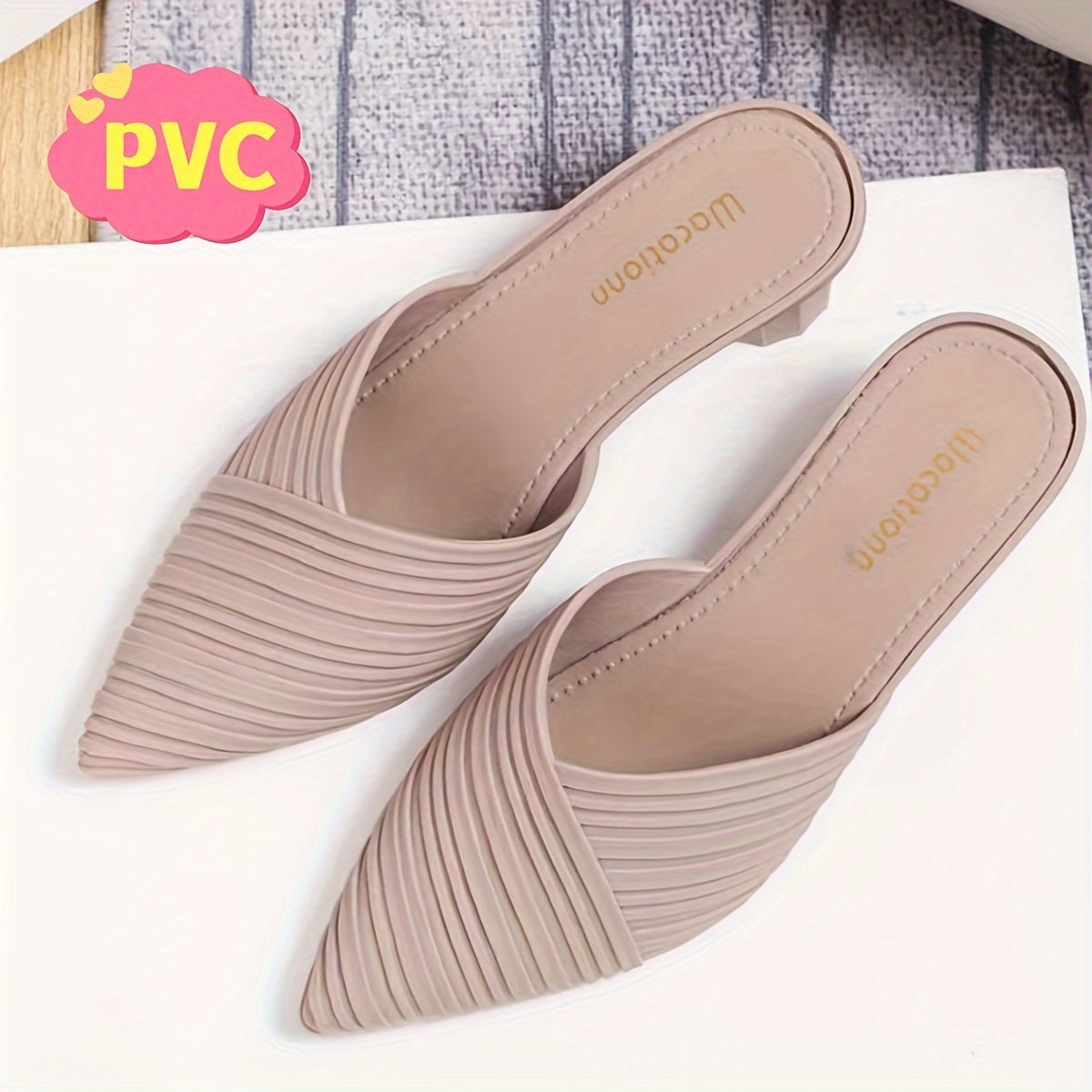 Women's Striped PVC Slides with Pointed Toe and Mid Heel