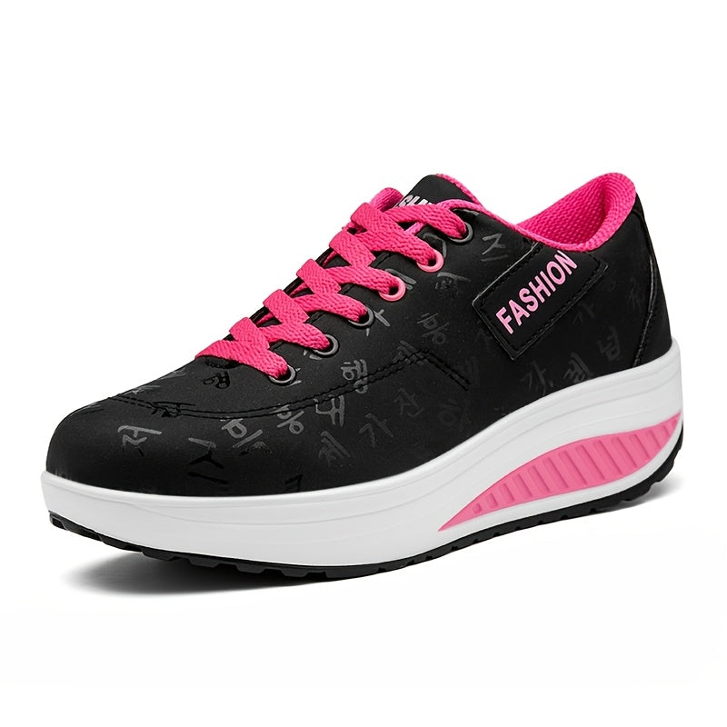 Women’s Fashion Sneakers Black with Pink Laces Lightweight Slip-Resistant Walking Shoes