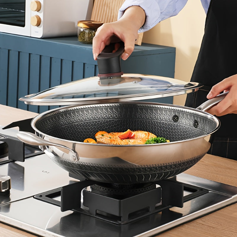 Juego de wok de acero inoxidable con tapa y espátula, sartén antiadherente para saltear y cocinar