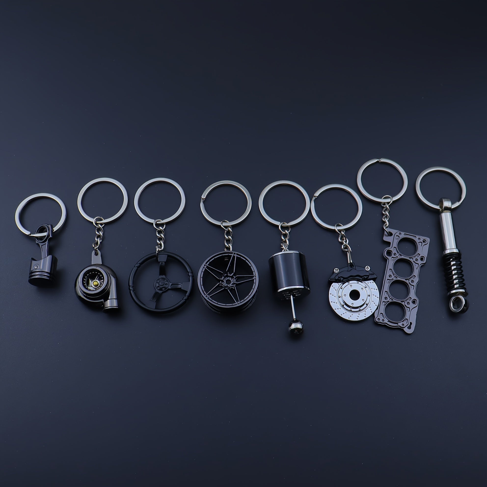 Car Enthusiast Keychain Set - 8 Black Zinc Alloy Engine Component Keychains