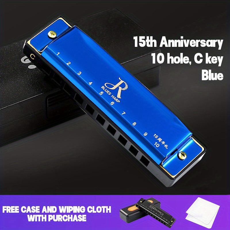 10-Hole C Key Blues Harmonica with Hard Case Stainless Steel Polished for Beginners Professionals