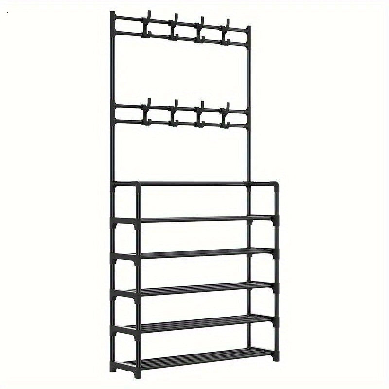 Estante para zapatos de metal de 5 capas, 8 ganchos, almacenamiento multiusos para dormitorio y baño