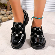 Women's Black Patterned Loafers with Bow and Sequins, Comfortable Low Heel