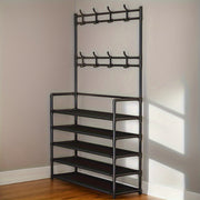 Contemporary Metal Shoe Rack with Hooks, Black or White, Easy Assembly