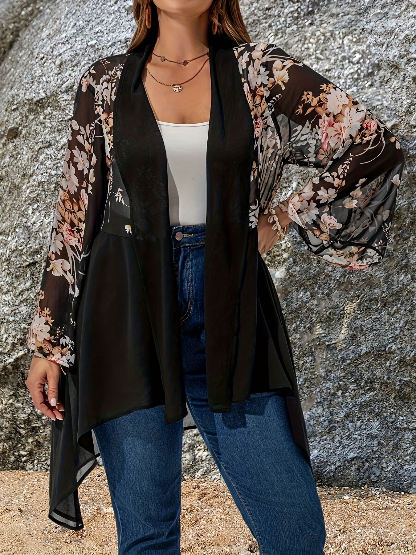 Women's Plus Size Boho Floral Print Cardigan Lightweight Rose-Style Open Front