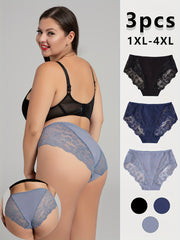 3-Pack Plus Size Lace Panties High-Waisted Floral Breathable Stretch Briefs