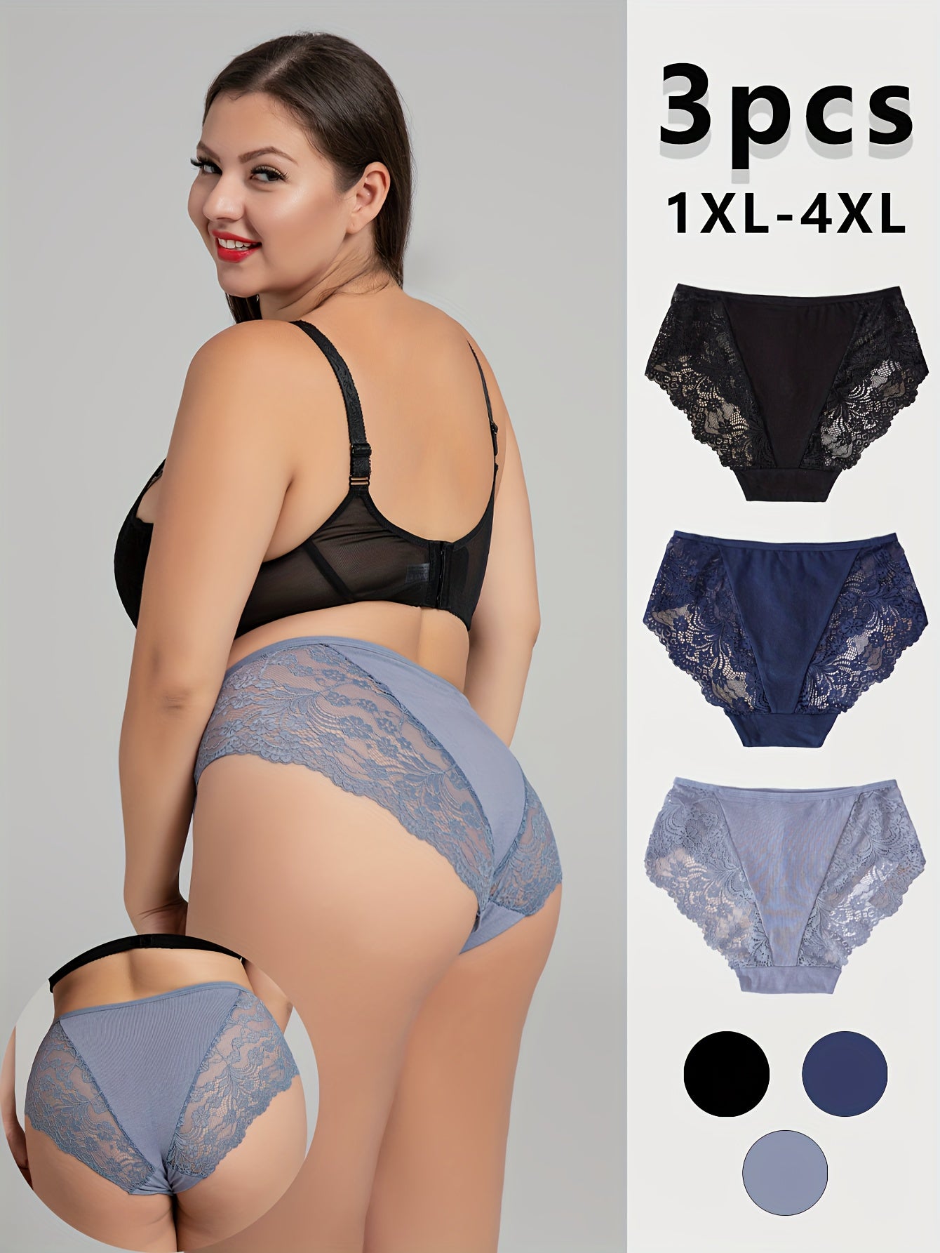 3-Pack Plus Size Lace Panties High-Waisted Floral Breathable Stretch Briefs