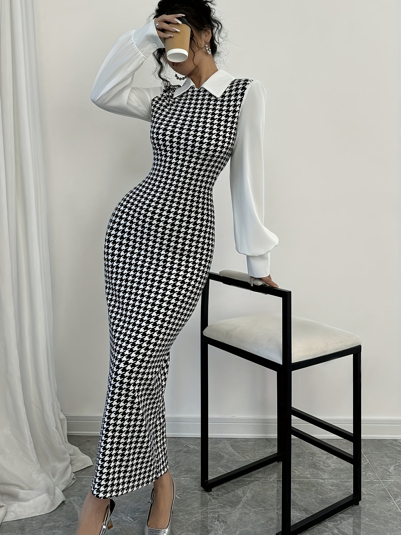 Ayollar uchun nafis houndstooth bodycon ko'ylak, turli xil yenglar, tor kesimdagi midi ko'ylak, kuz/qish modasi uchun trikotaj polyesterdan tayyorlangan.