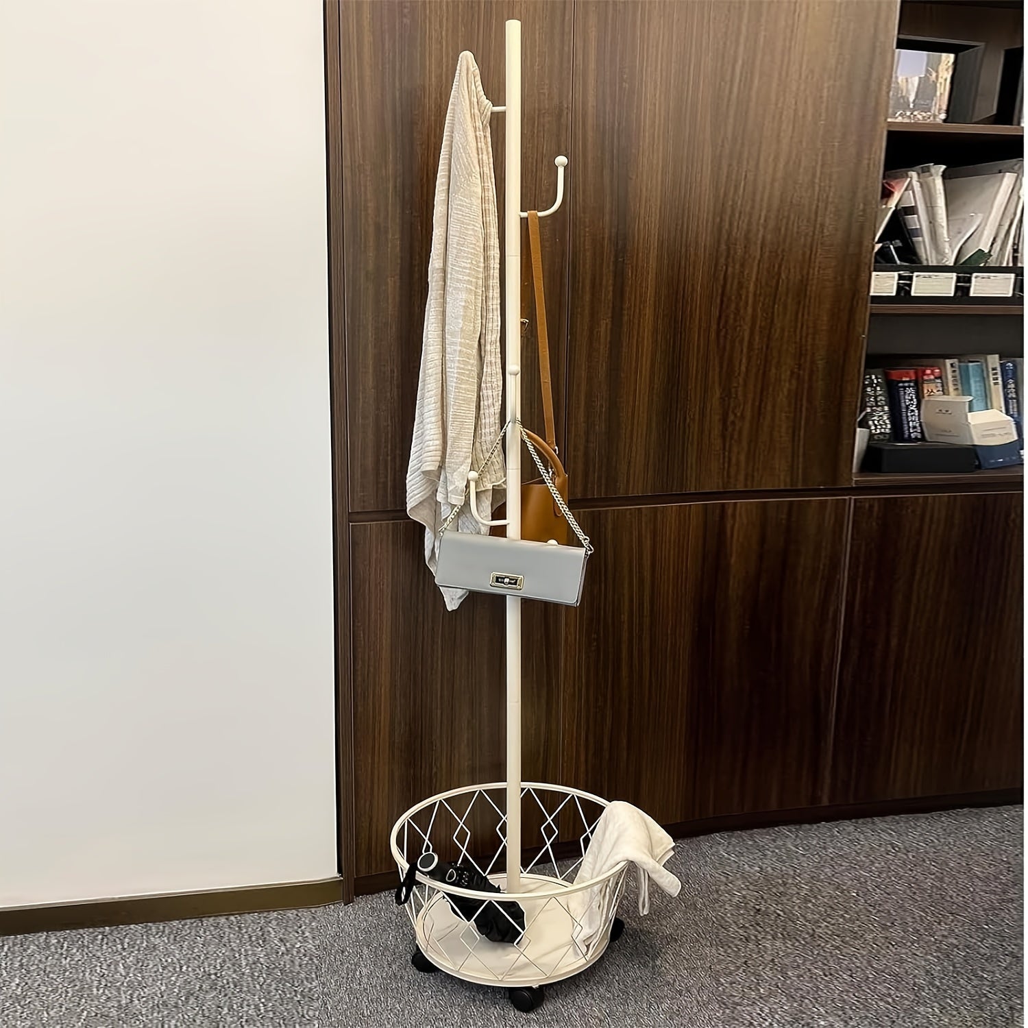 Golden Metal Freestanding Coat Rack with Umbrella Holder and 6 Shelves for Entryway and Living Room